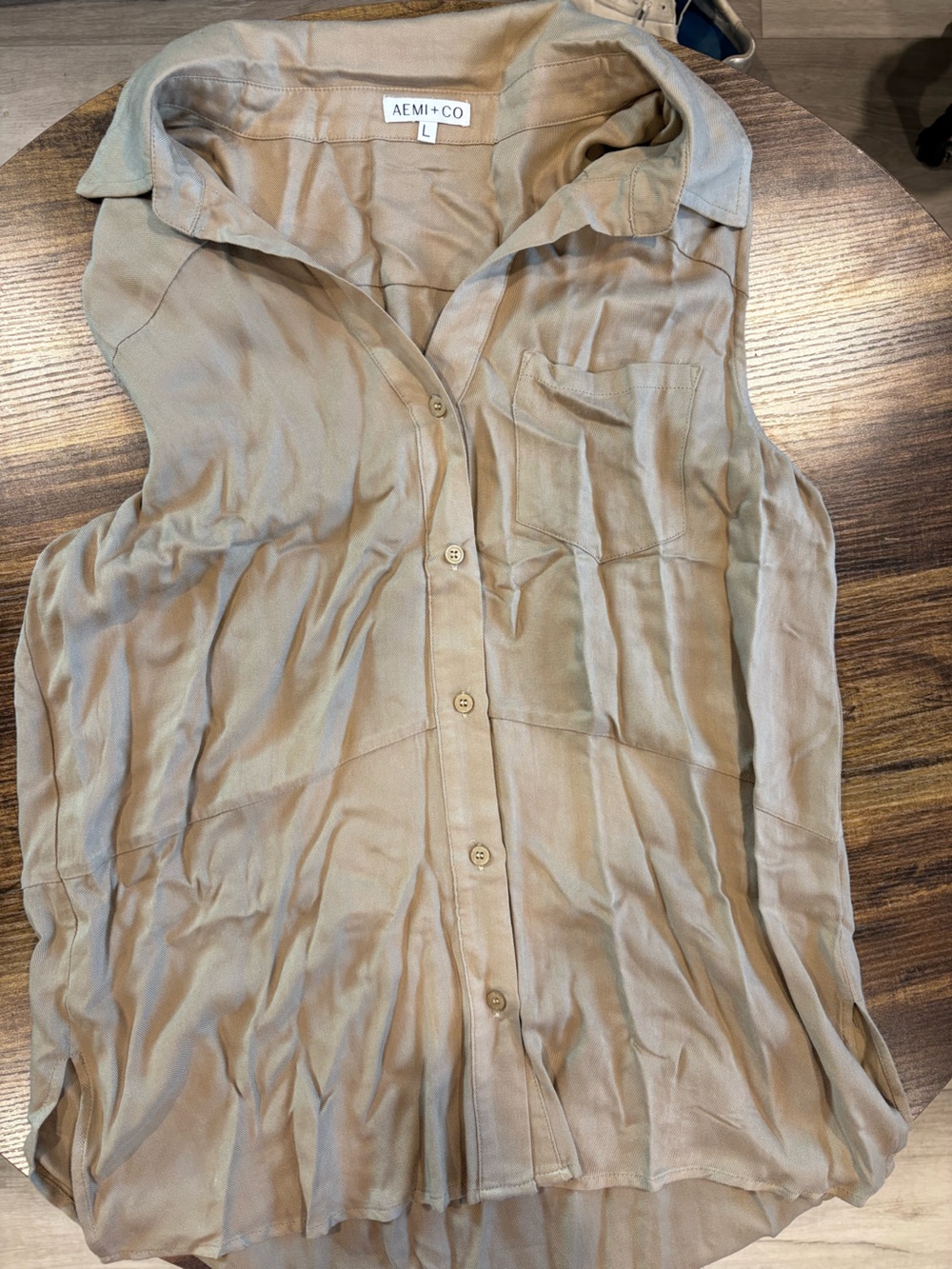 AEMI+CO Sleeveless Button-Down Shirt in Taupe